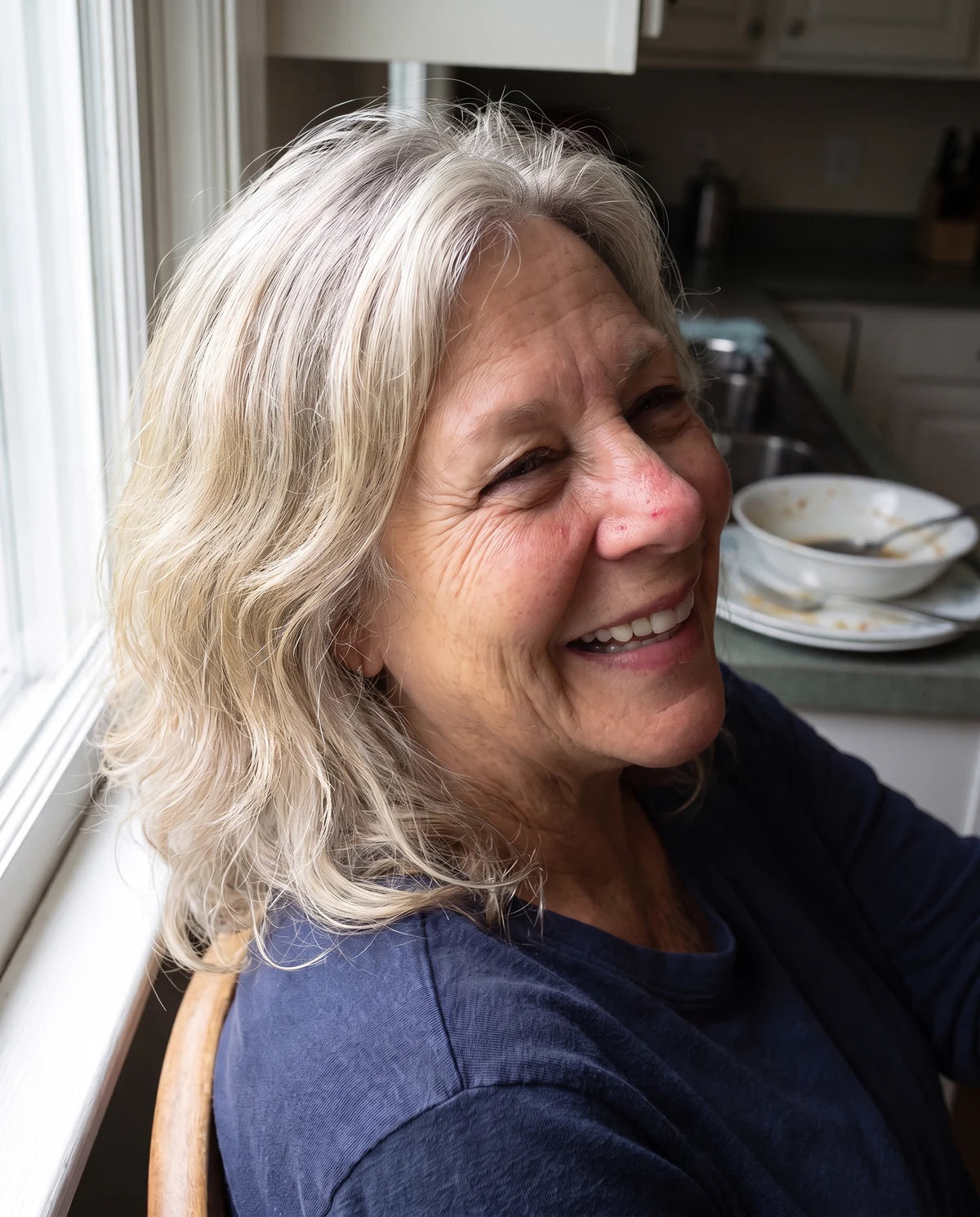 Illustrative candid phone portrait of Helen, 61
