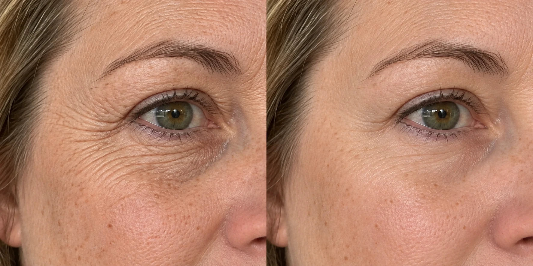 Illustrative close-up comparison of mature skin around the eye, with natural texture and fine lines