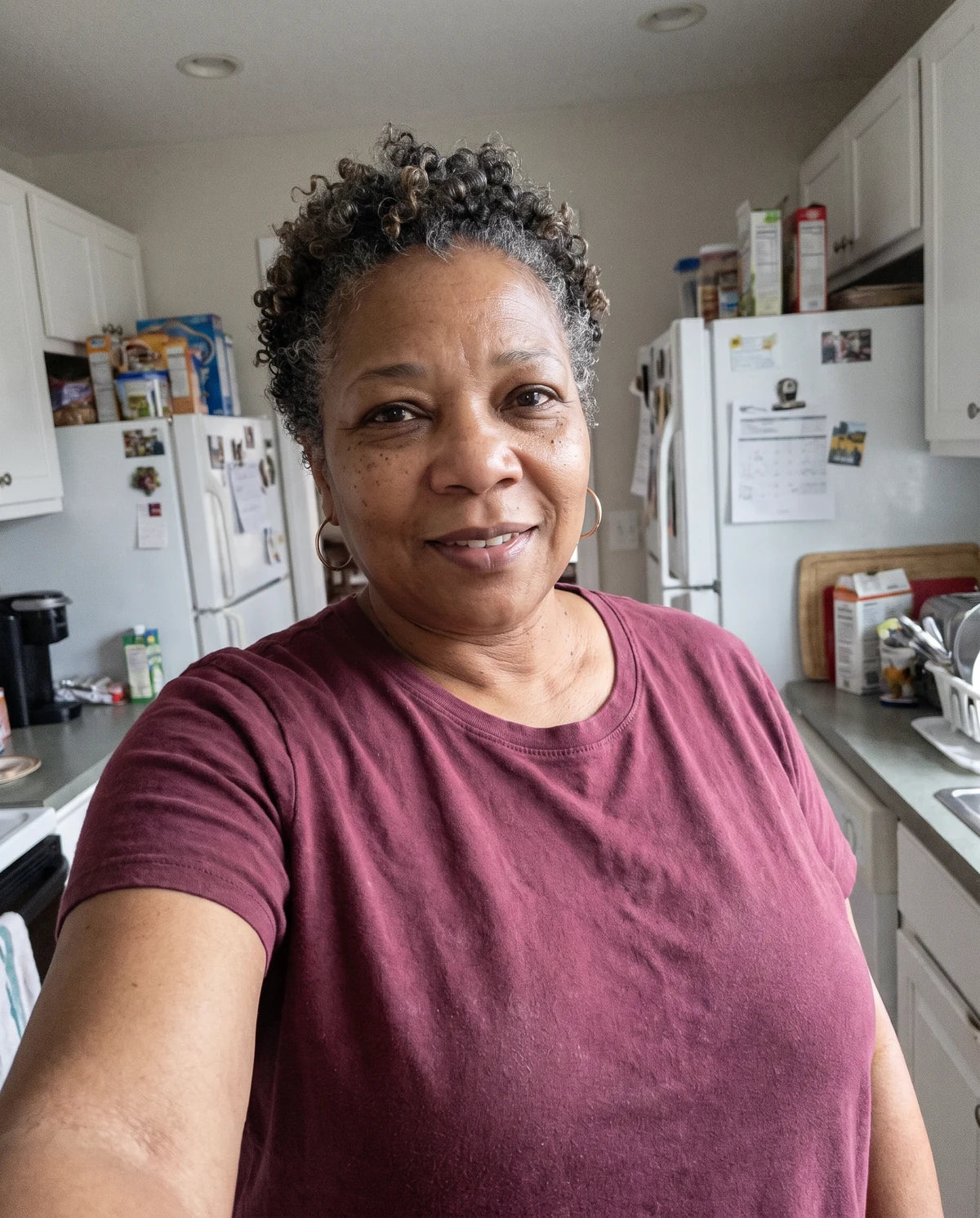 Illustrative candid phone portrait of Angela, 54