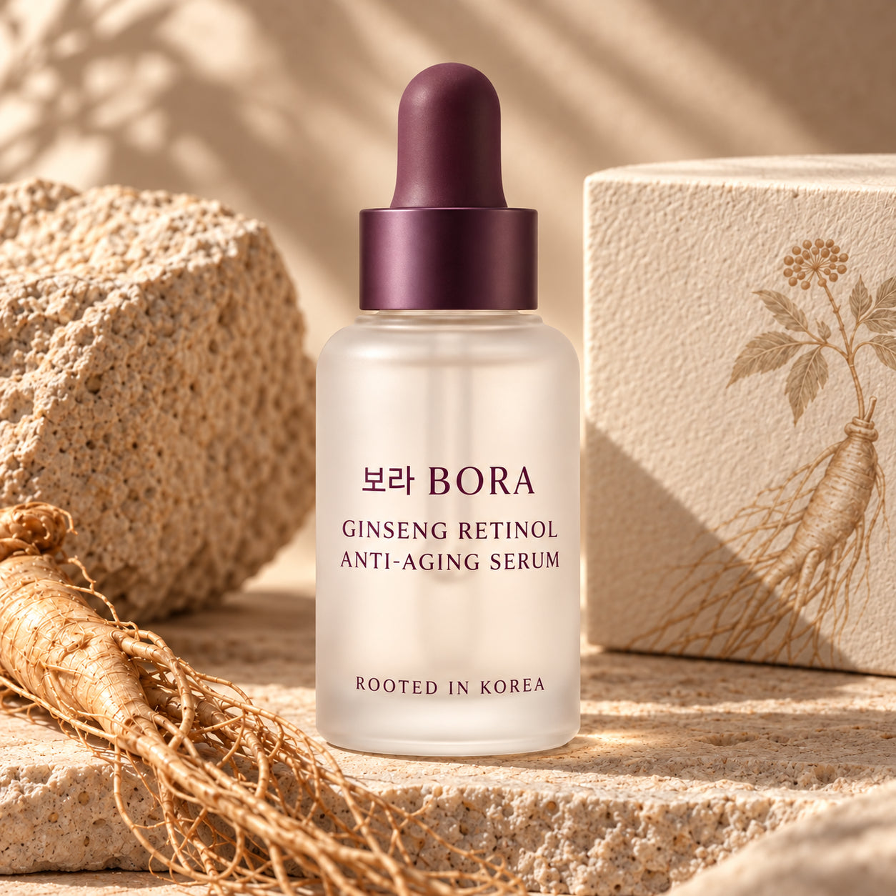 BORA Ginseng Retinol Anti-Aging Serum with its updated 보라 BORA label, on warm sunlit stone with ginseng roots
